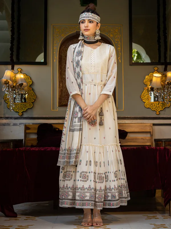 Cream and grey printed kurti