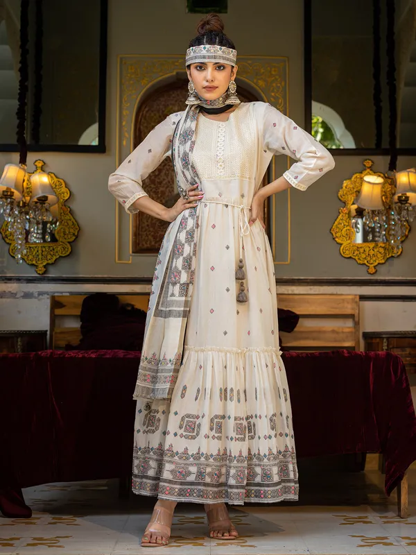 Cream and grey printed kurti