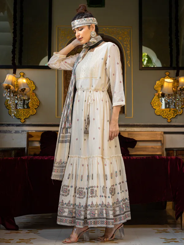 Cream and grey printed kurti
