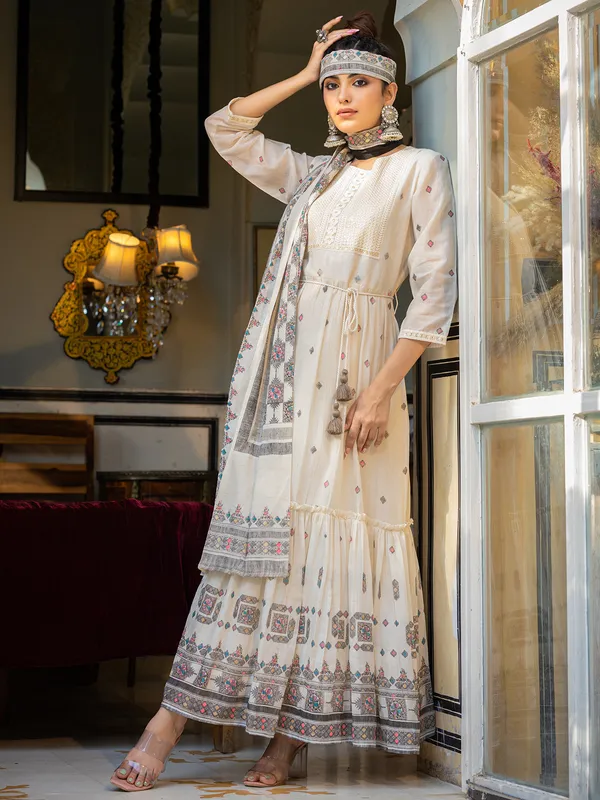 Cream and grey printed kurti