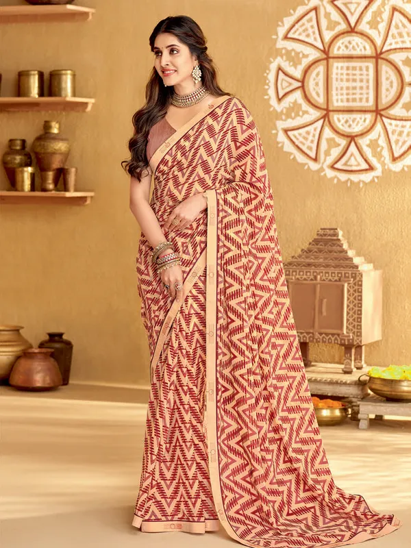 Cream and maroon printed saree