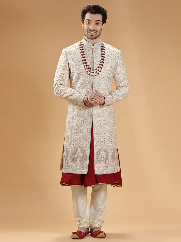 Cream and maroon raw silk sherwani