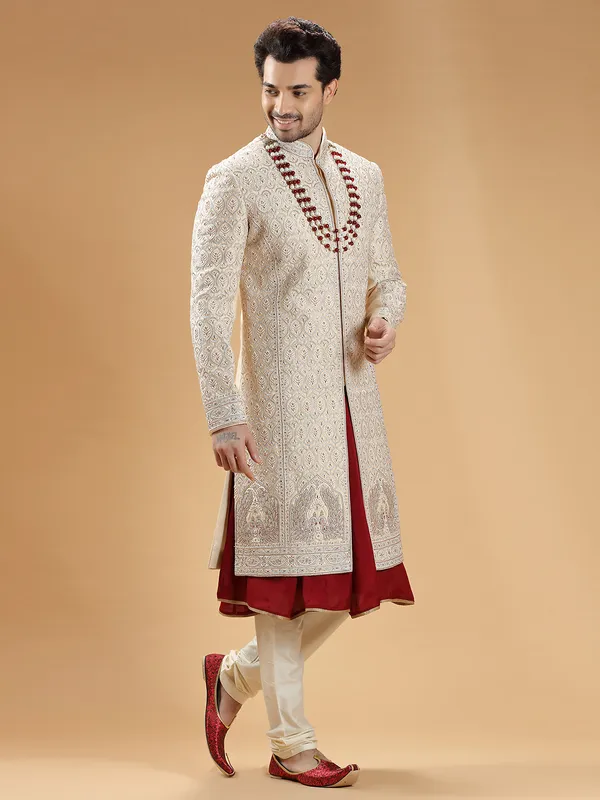 Cream and maroon raw silk sherwani