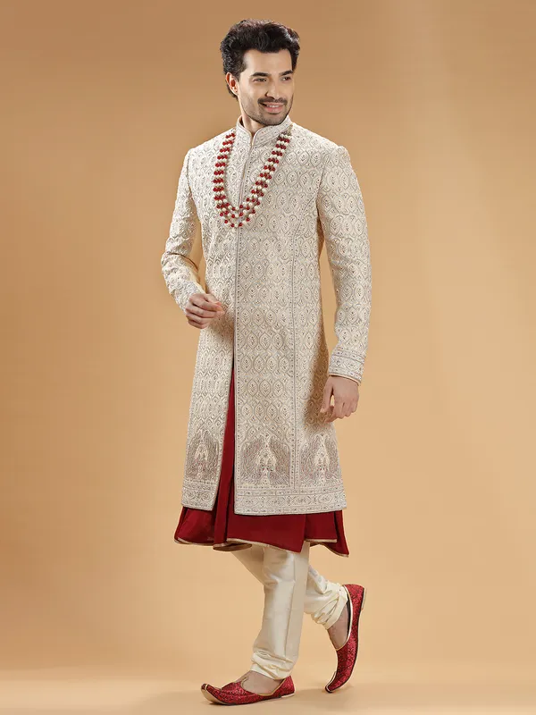 Cream and maroon raw silk sherwani