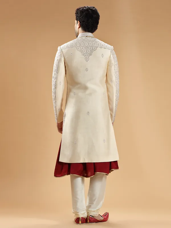 Cream and maroon raw silk sherwani