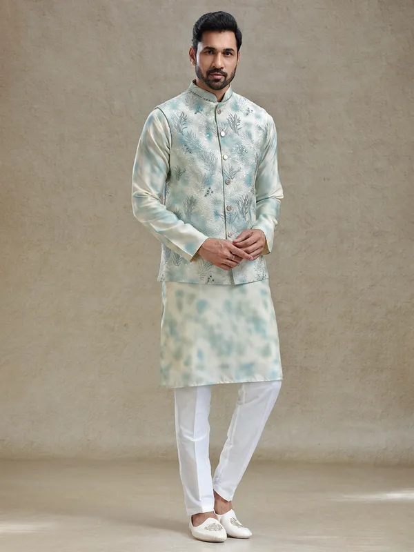 Cream and mint green shaded silk kurta jacket set for reception