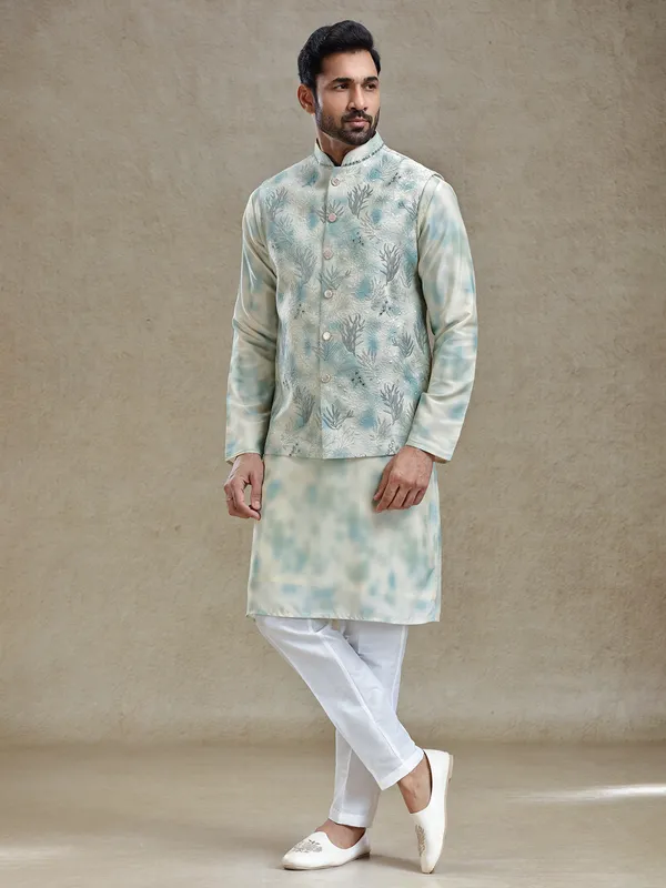 Cream and mint green shaded silk kurta jacket set for reception