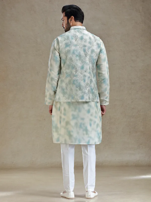 Cream and mint green shaded silk kurta jacket set for reception