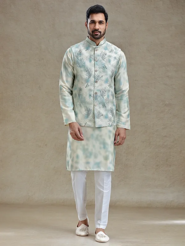 Cream and mint green shaded silk kurta jacket set for reception