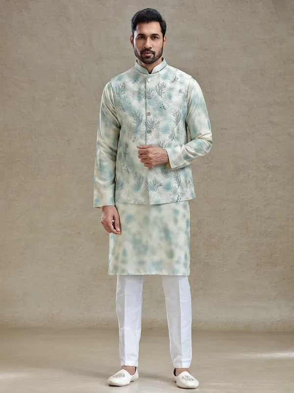 Cream and mint green shaded silk kurta jacket set for reception