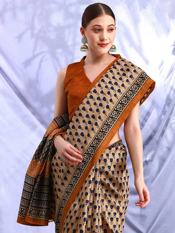 Cream and navy printed bhagalpuri silk saree for women
