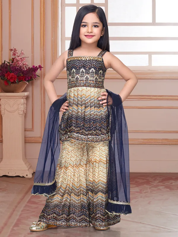 Cream and navy printed sharara set