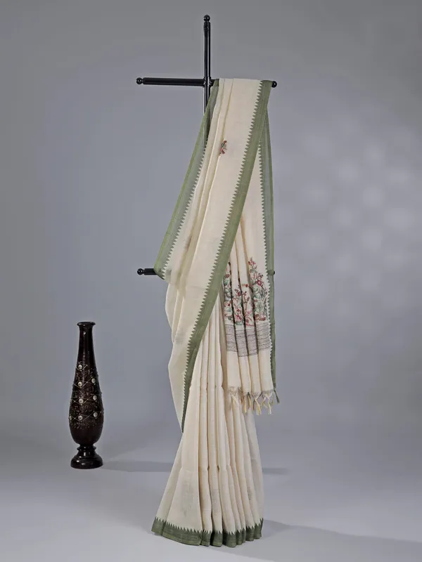 Cream and olive cotton silk saree