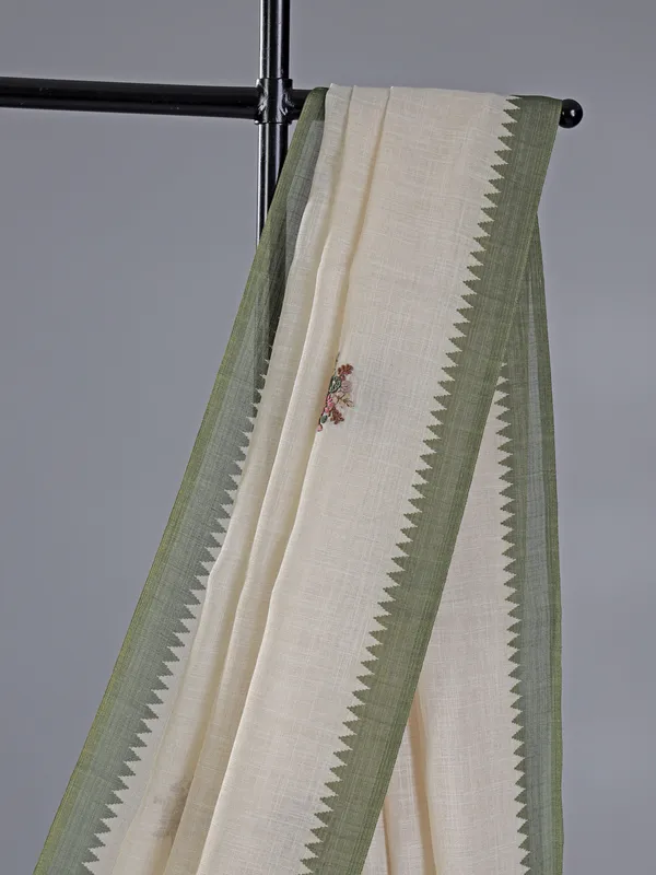 Cream and olive cotton silk saree