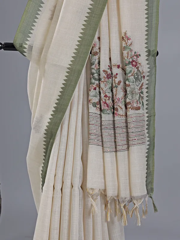 Cream and olive cotton silk saree