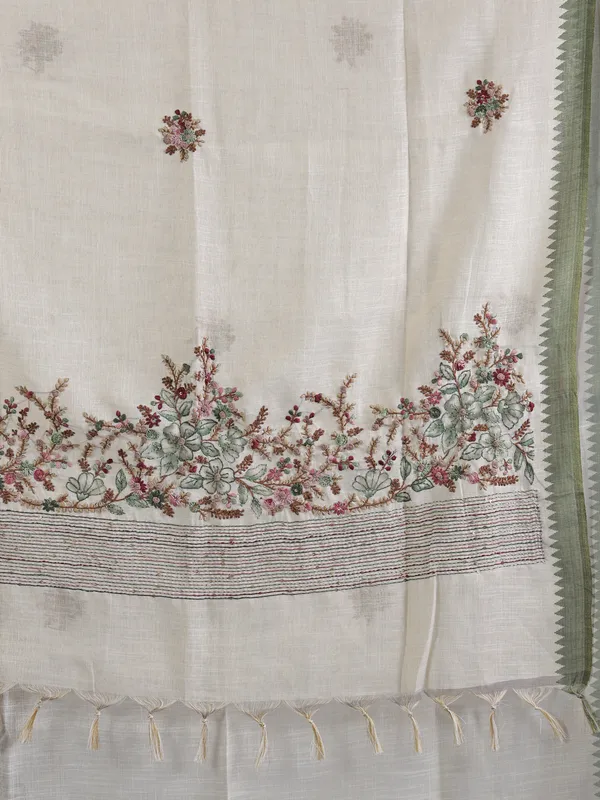 Cream and olive cotton silk saree