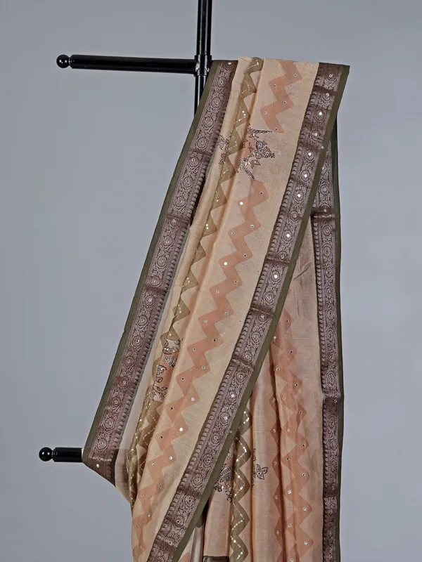Cream and olive cotton silk zigzag patterns saree