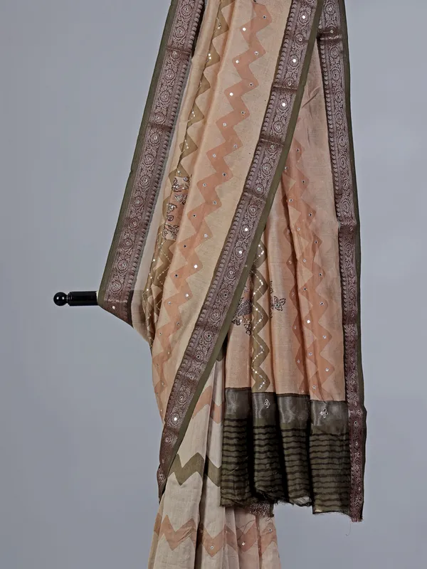 Cream and olive cotton silk zigzag patterns saree
