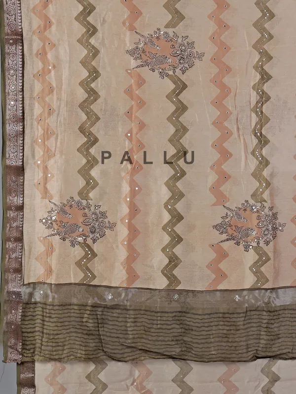 Cream and olive cotton silk zigzag patterns saree