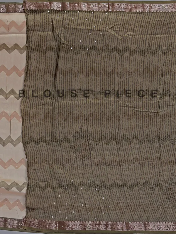 Cream and olive cotton silk zigzag patterns saree