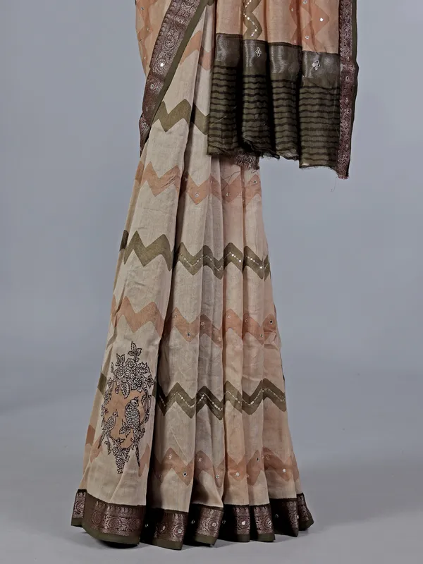 Cream and olive cotton silk zigzag patterns saree