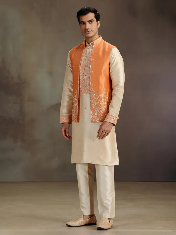 Cream and orange waistcoat set with embrodery