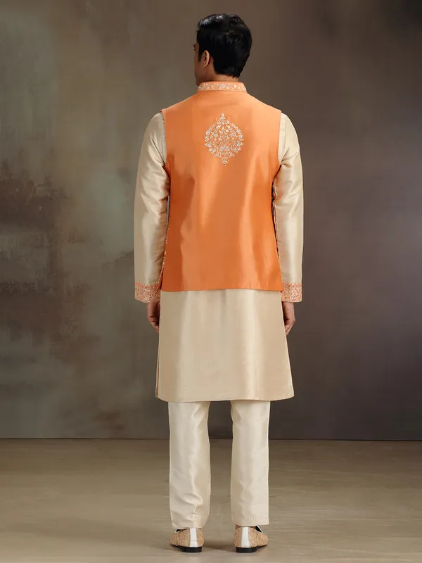 Cream and orange waistcoat set with embrodery