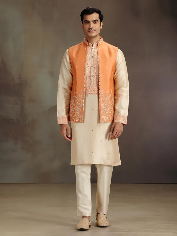 Cream and orange waistcoat set with embrodery