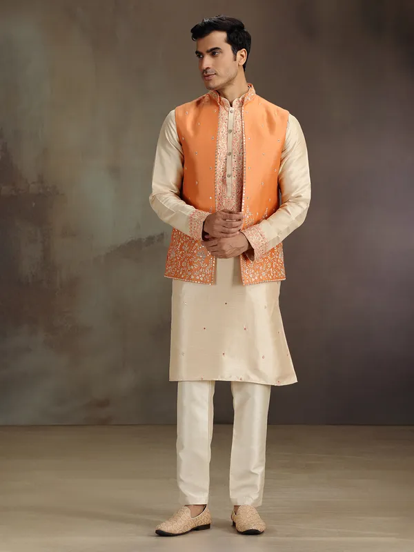 Cream and orange waistcoat set with embrodery
