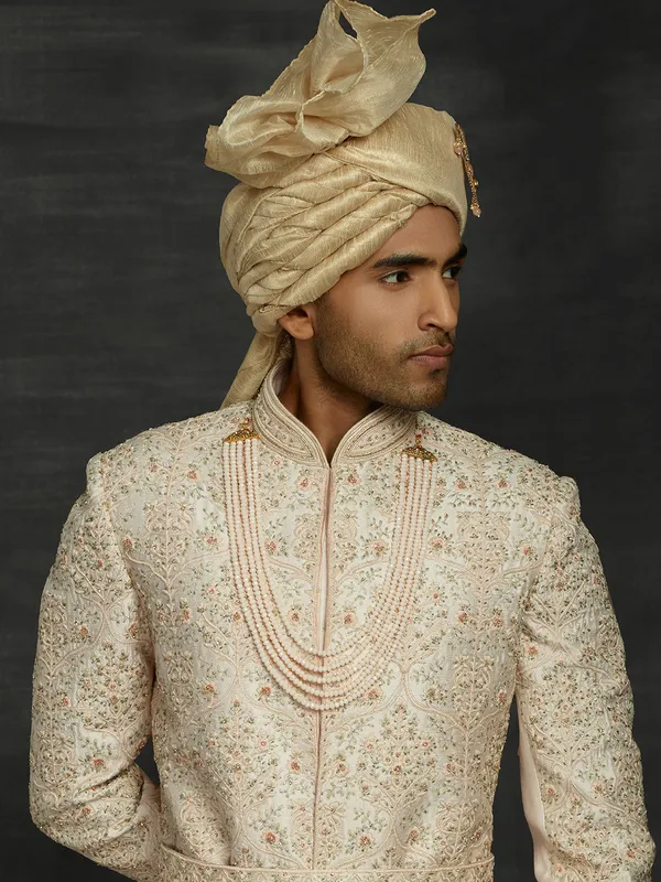 Cream and peach in silk double layer sherwani