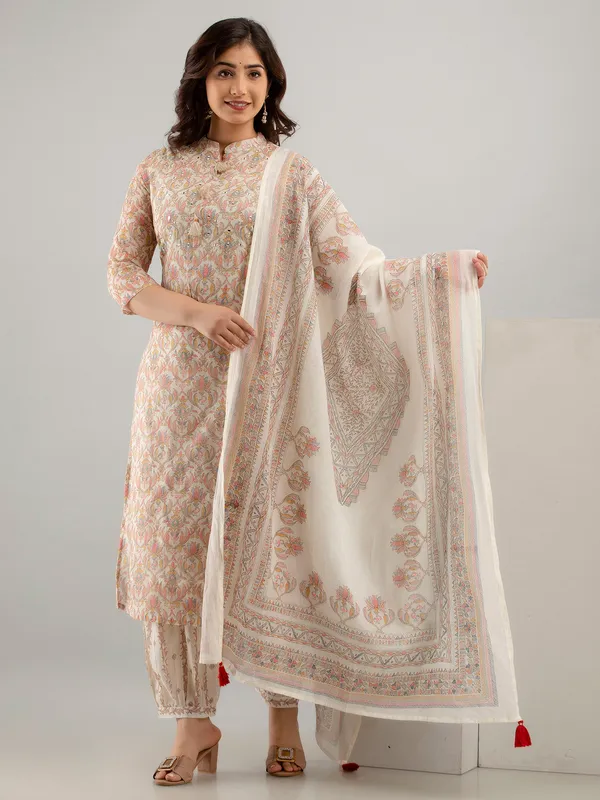Cream and peach printed cotton kurti set