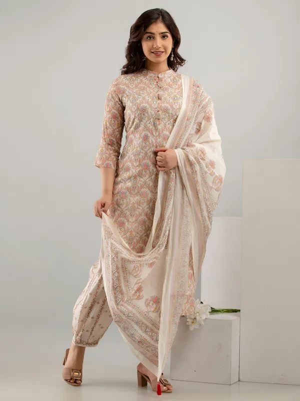 Cream and peach printed cotton kurti set