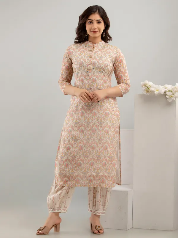 Cream and peach printed cotton kurti set