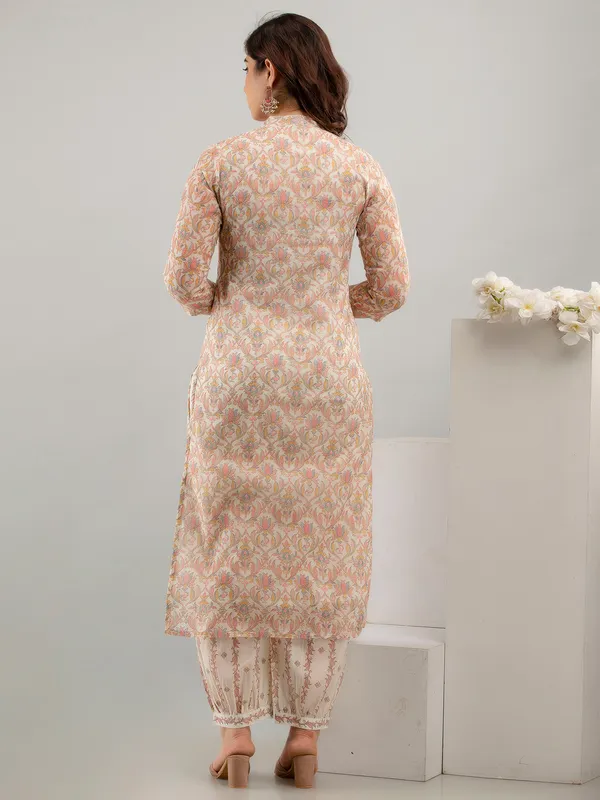 Cream and peach printed cotton kurti set