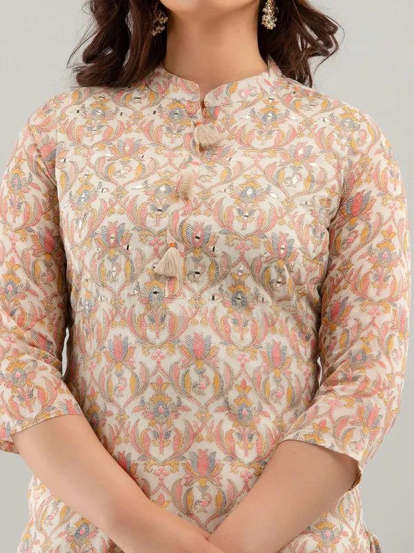 Cream and peach printed cotton kurti set