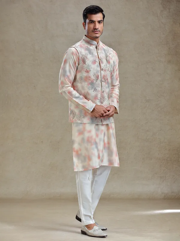 Cream and peach shaded silk waistcoat set for festive charm