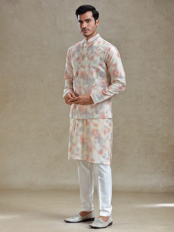 Cream and peach shaded silk waistcoat set for festive charm