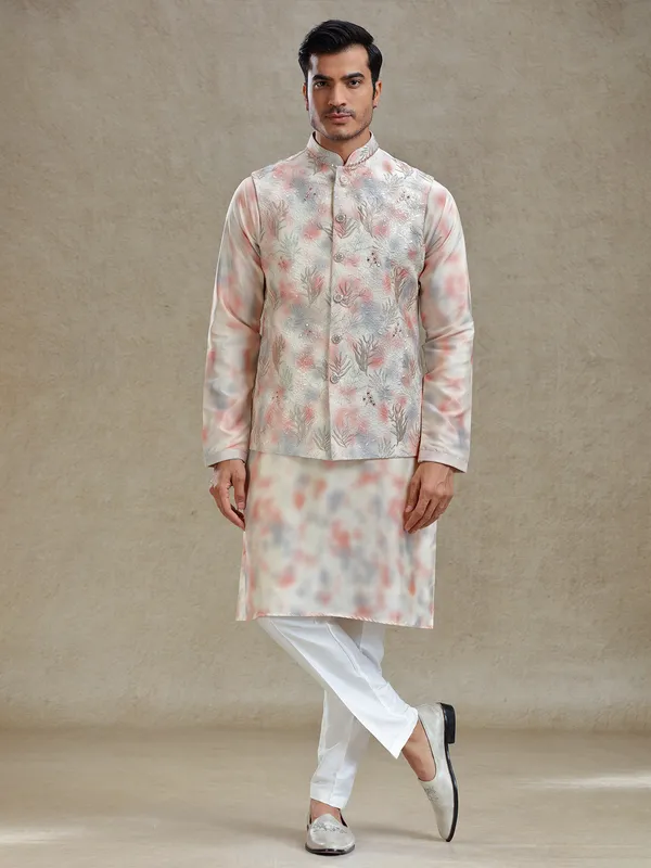 Cream and peach shaded silk waistcoat set for festive charm