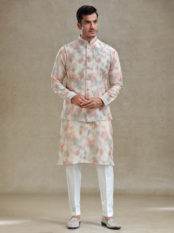 Cream and peach shaded silk waistcoat set for festive charm