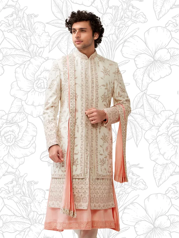 Cream and peach terry rayon peshwai style sherwani