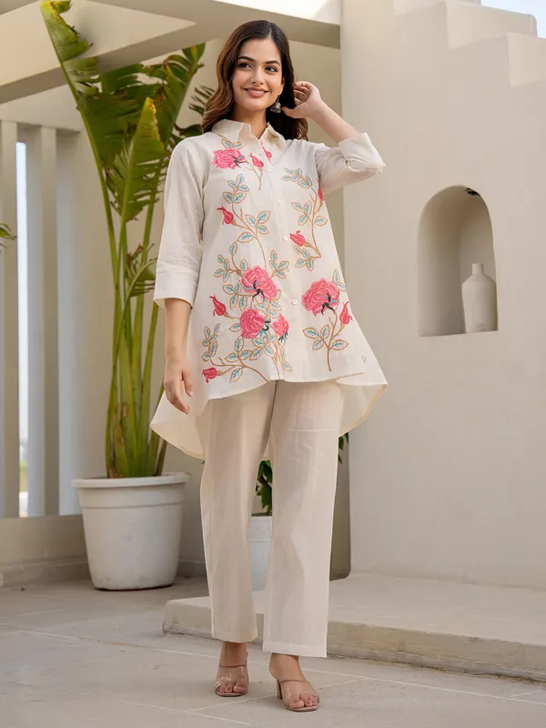 Cream and pink cotton embroidered co ord set