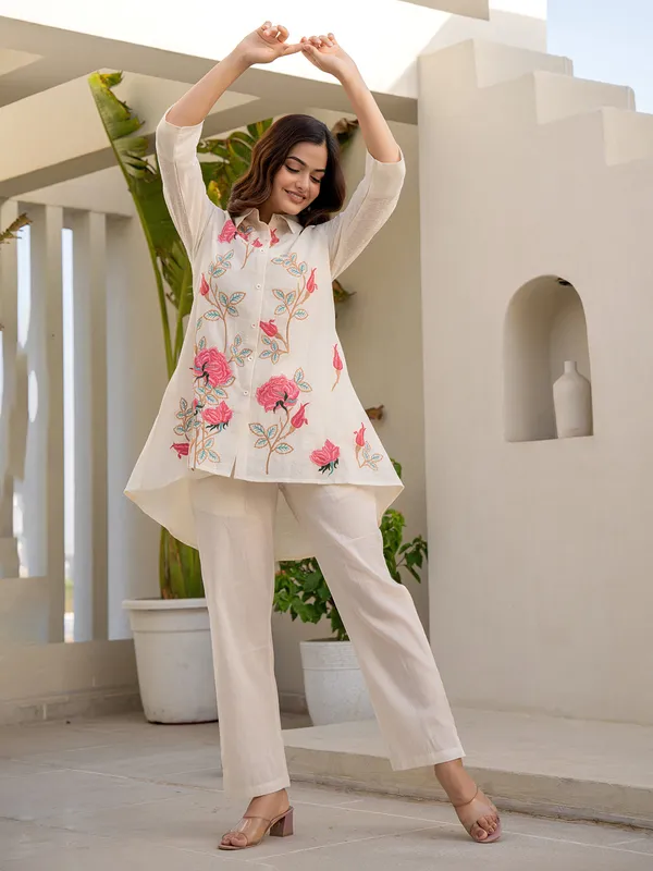 Cream and pink cotton embroidered co ord set
