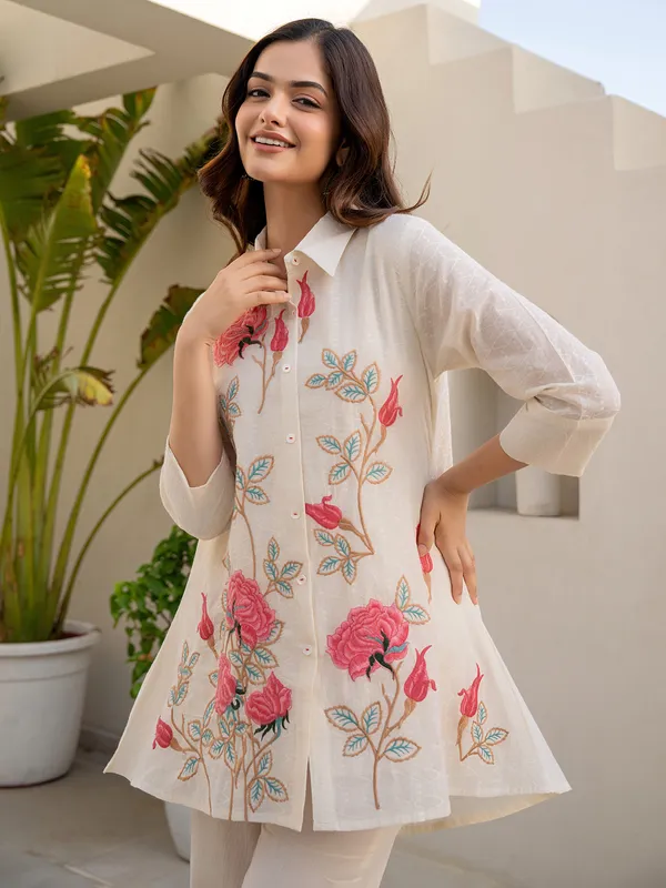 Cream and pink cotton embroidered co ord set