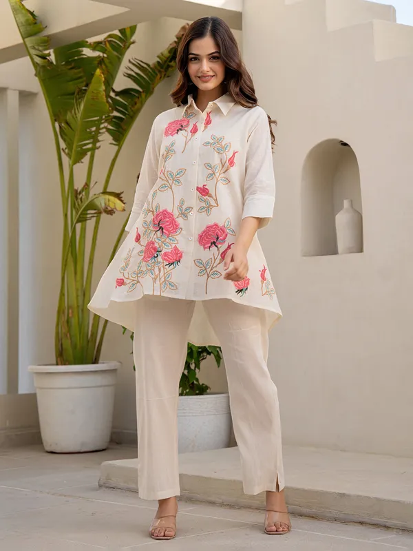 Cream and pink cotton embroidered co ord set