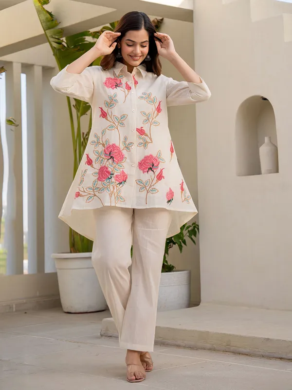 Cream and pink cotton embroidered co ord set