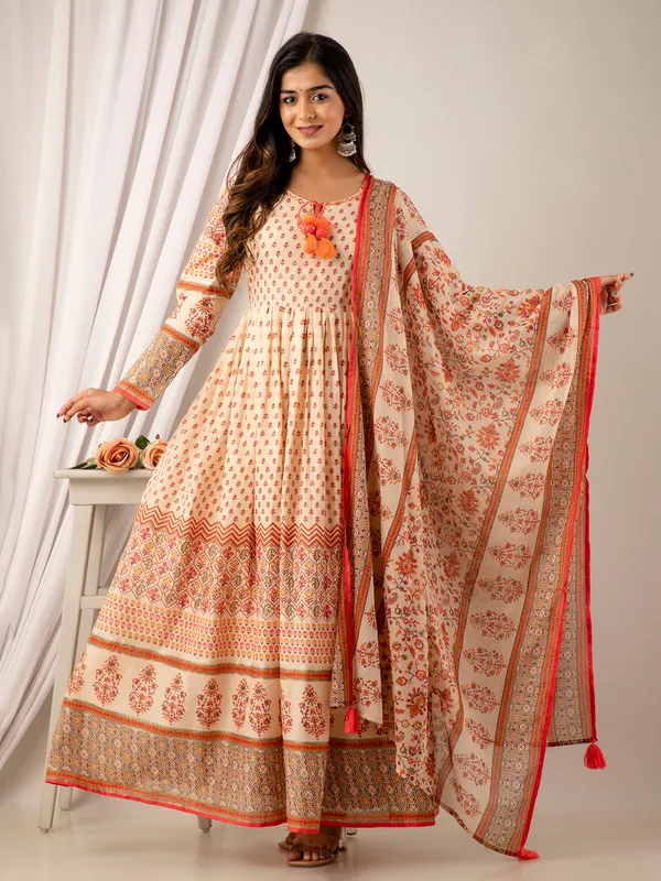 Cream and pink cotton printed long kurti