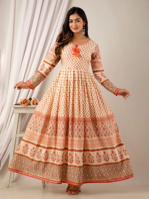 Cream and pink cotton printed long kurti