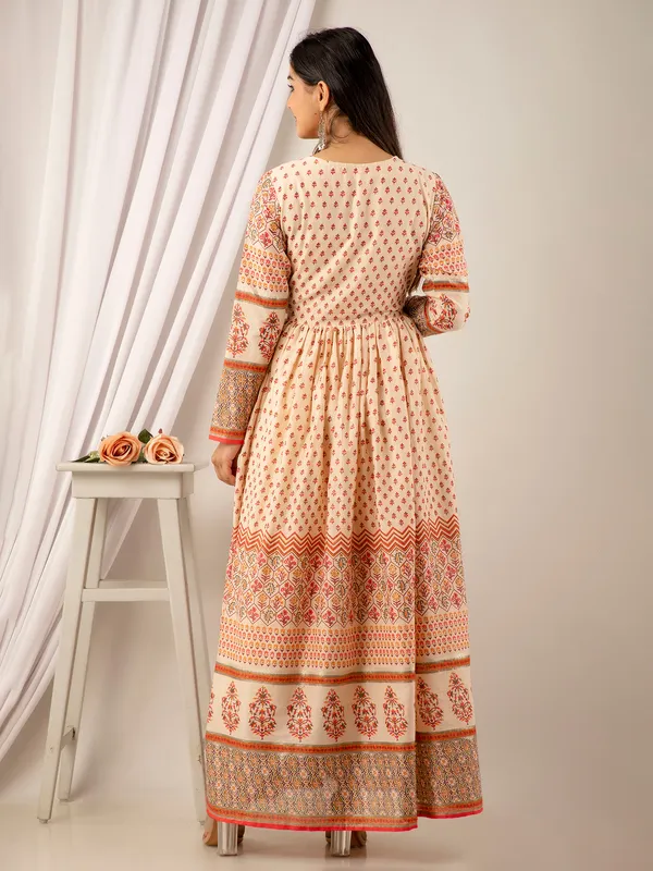 Cream and pink cotton printed long kurti