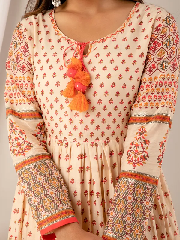 Cream and pink cotton printed long kurti