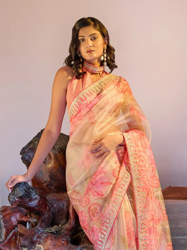 Cream and pink printed wedding look saree